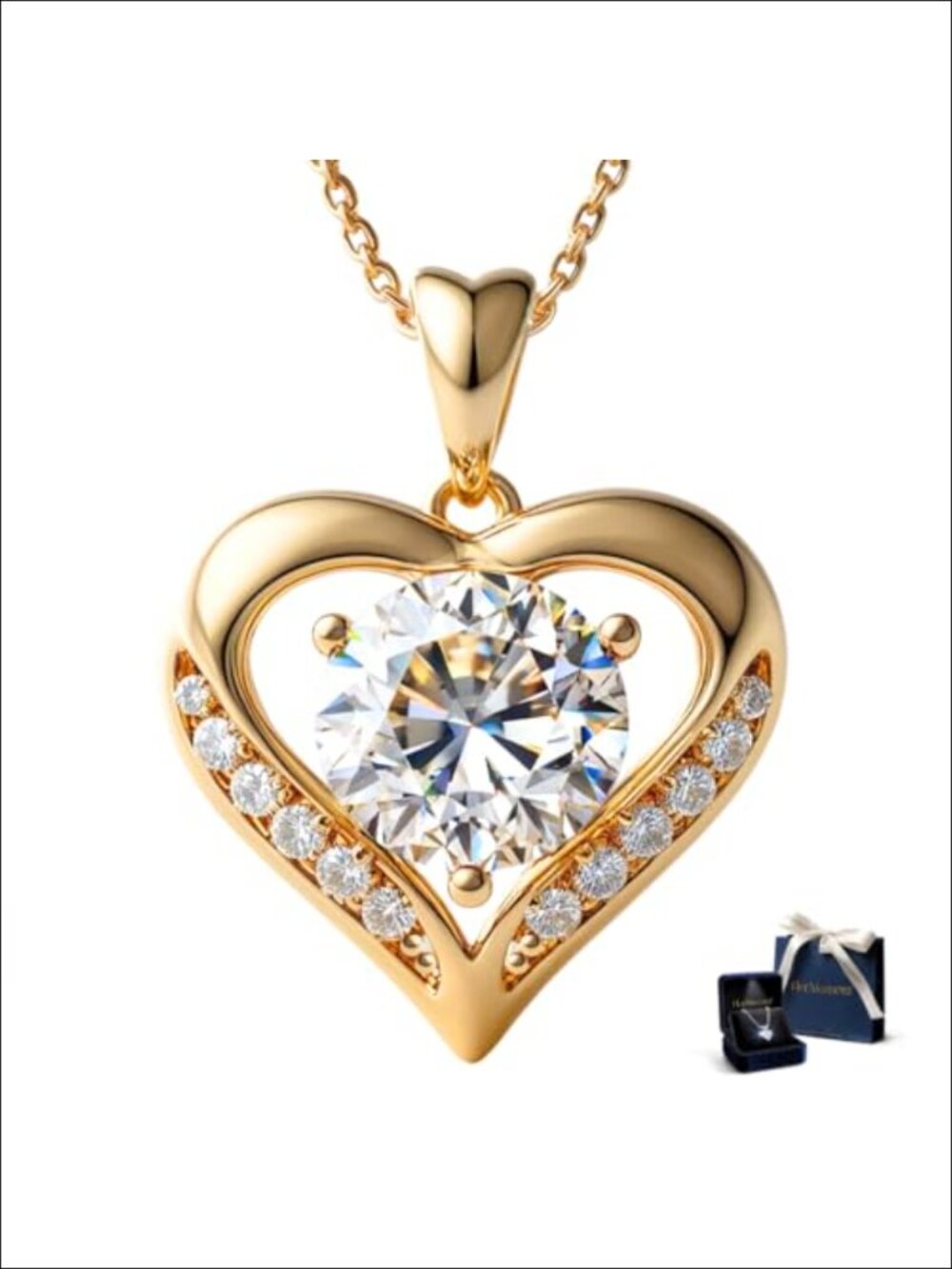 Moissanite Heart Pendant Necklace, 14K Gold Plated Sterling Silver